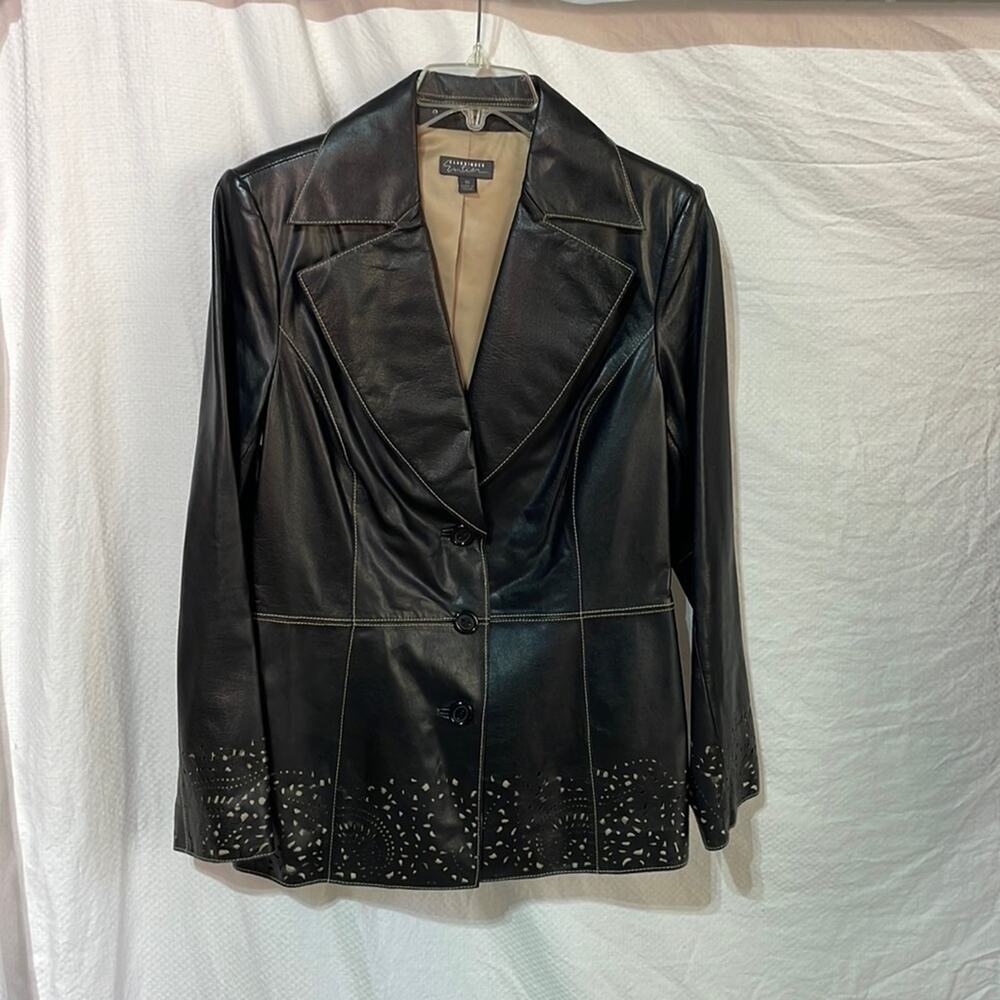 Classiques Entier 10 black leather cutout three button jacket lined like new